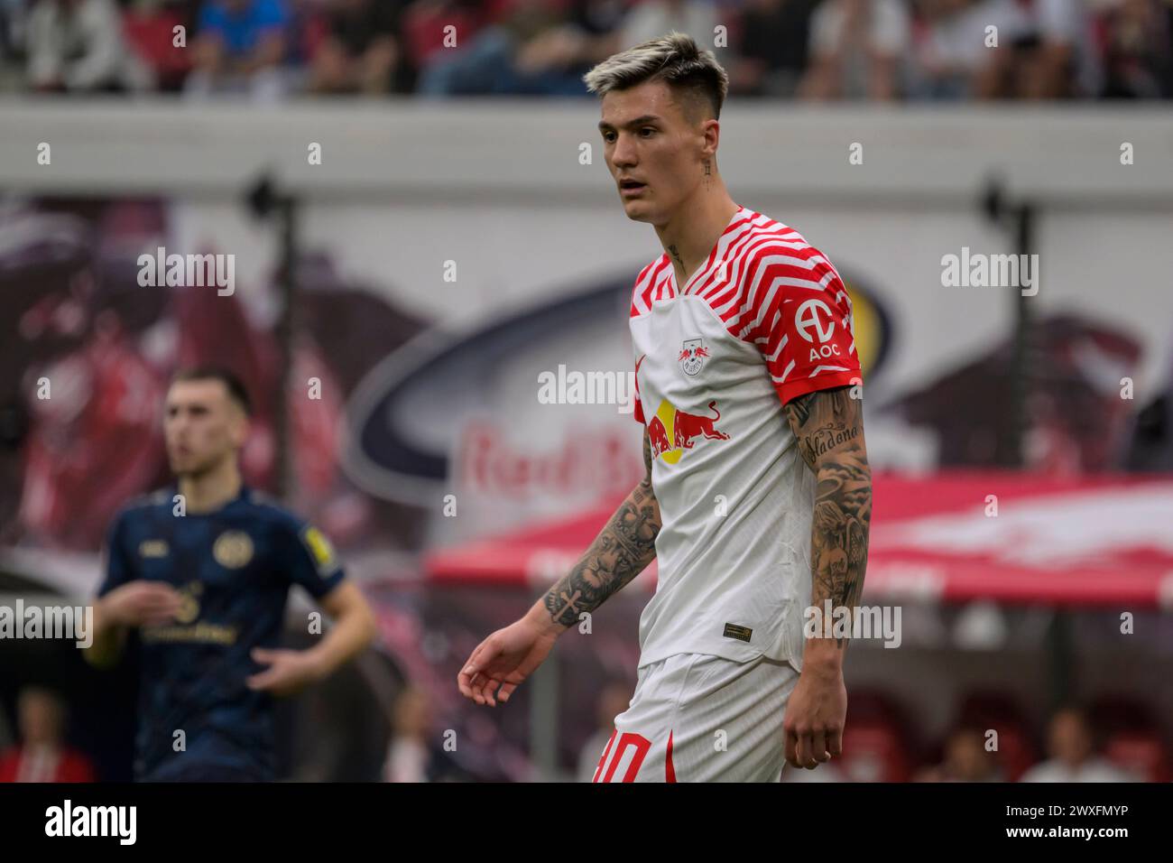 Lipsia, Germania. 30 marzo 2024. Benjamin Sesko (RasenBallsport Leipzig, #30), RB Leipzig vs Mainz 05, 1st Bundesliga, Soccer, DFB, Bundesliga, stagione 2023/2024, red bull arena di lipsia, 30.03. 2024, credito: HMB Media/Uwe Koch/Alamy Live News , Foto Stock