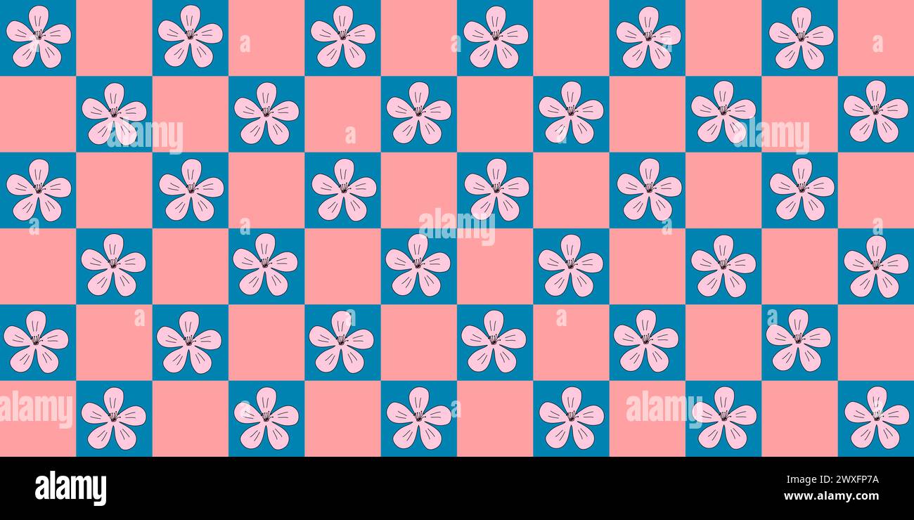 Motivo senza cuciture con fiori rosa sakura o ciliegio in fiore su sfondo rosa e blu a quadri, illustrazione vettoriale in stile doodle Illustrazione Vettoriale