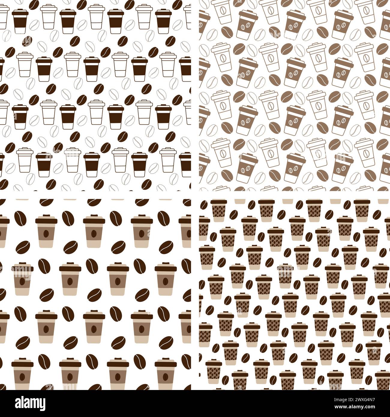 Tazze monouso con coperchio e chicchi di caffè senza cuciture in un elegante set di 4 tazze marrone monocromatico. Texture di sfondo astratto in stile minimalista. Isolare. EPS. Vettore per avvolgimento, sfondo o Web Illustrazione Vettoriale
