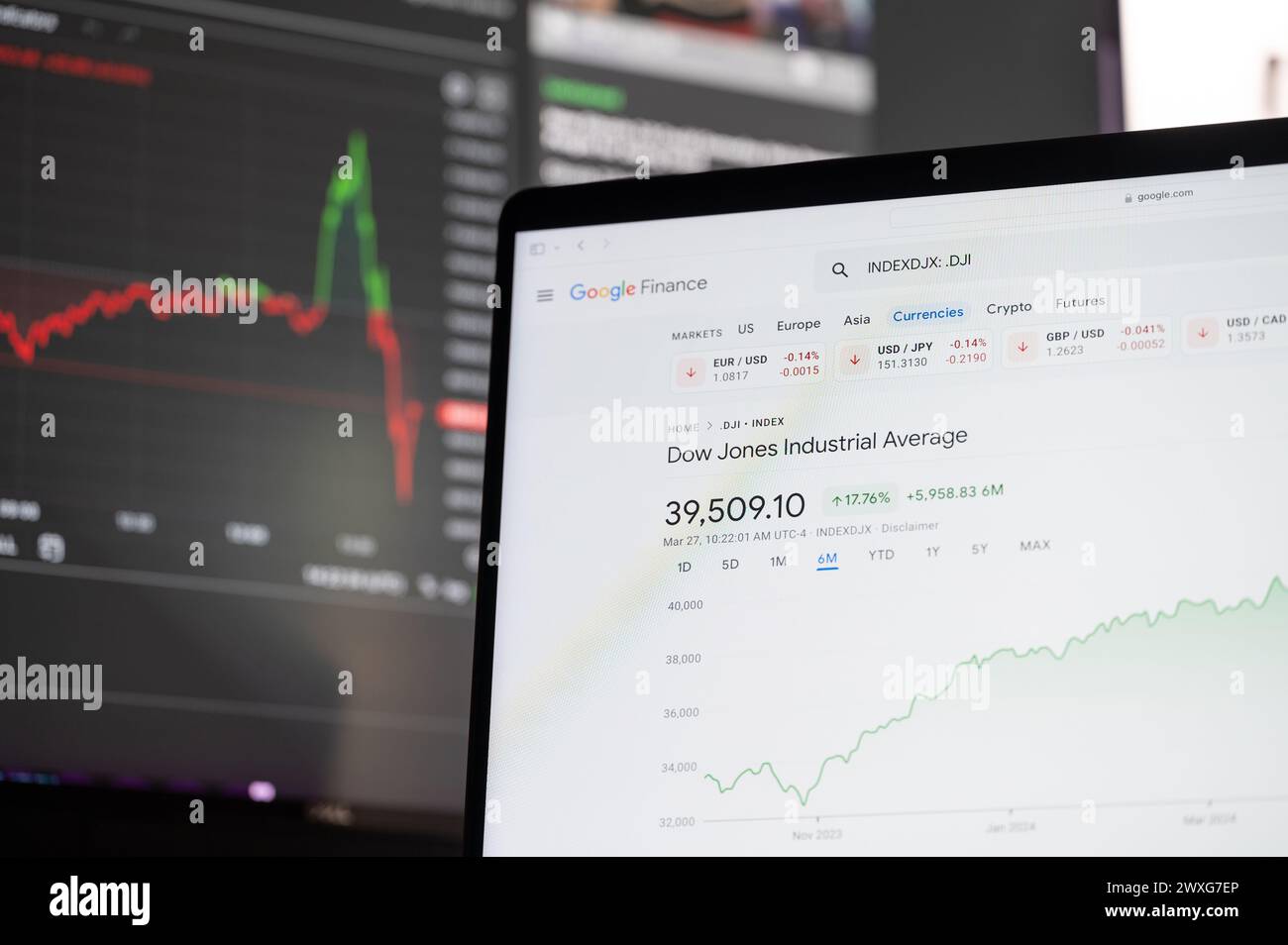 New York, USA - 27 marzo 2024: Prezzo delle azioni Dow Jones Industrial su google Finance nel servizio online di schermi per laptop Foto Stock