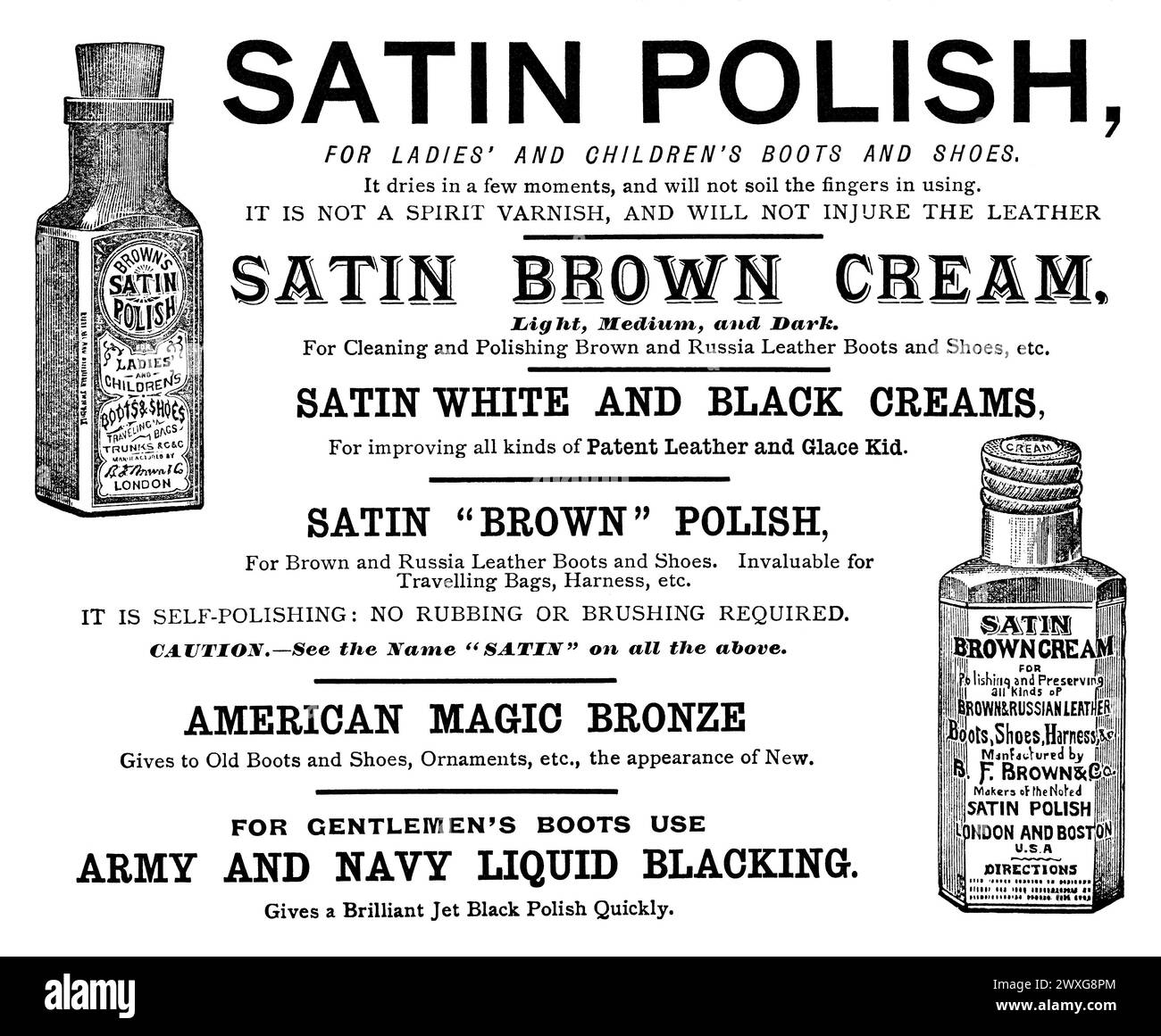 1897 pubblicità britannica per Brown's Satin Polish per scarpe e stivali. Foto Stock
