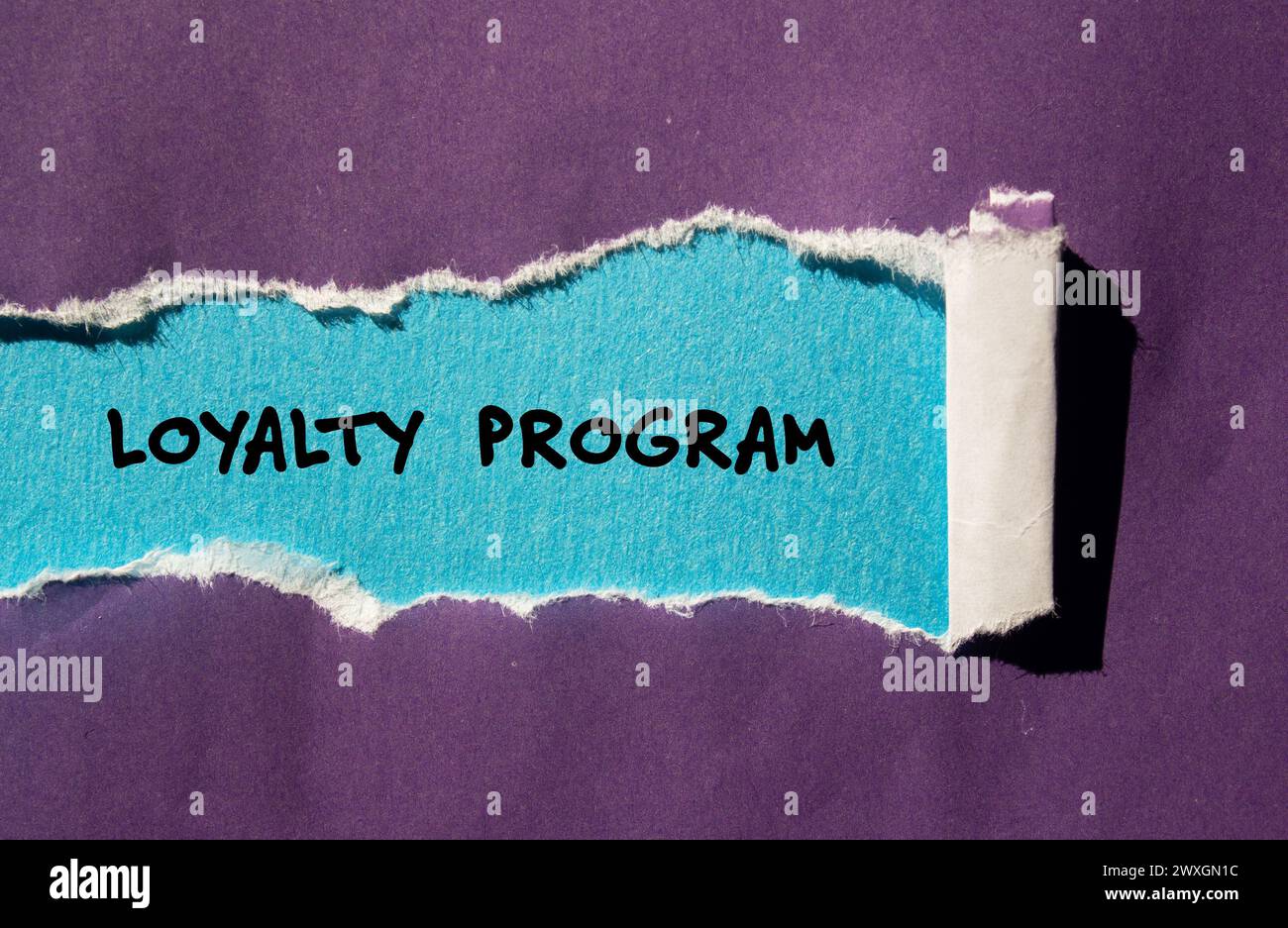 Parole del programma fedeltà scritte su carta strappata viola con sfondo blu. Simbolo concettuale. Copia spazio. Foto Stock