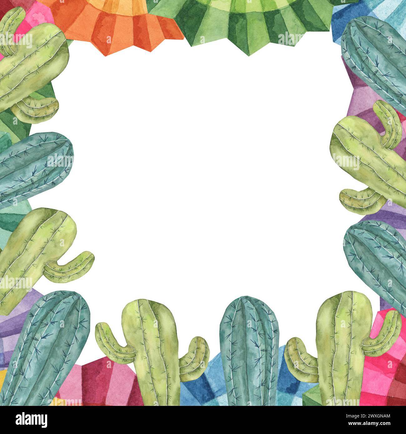 Cornice sagomata quadrata con cactus e ventole di fiori di carta fiesta messicana per Cinco de Mayo. Clipart colorato ad acquerello disegnato a mano. Progettazione geometrica Foto Stock