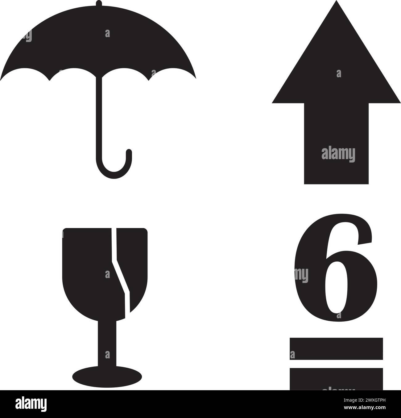 icona piatta ragile con spaccatura e cornice nera isolata su sfondo bianco. Simbolo della confezione fragile. Illustrazione vettoriale dell'etichetta Illustrazione Vettoriale