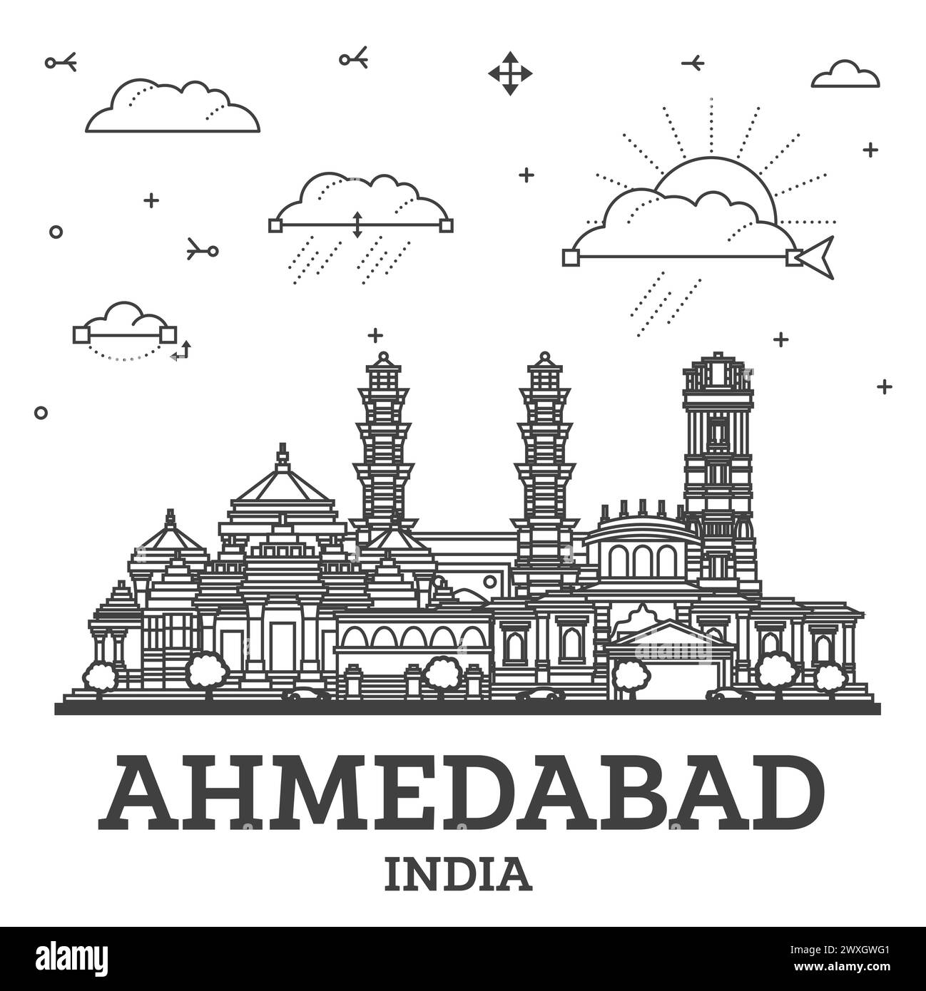 Profilo Ahmedabad India City Skyline con edifici storici isolati su bianco. Illustrazione vettoriale. Ahmedabad paesaggio urbano con punti di riferimento. Illustrazione Vettoriale