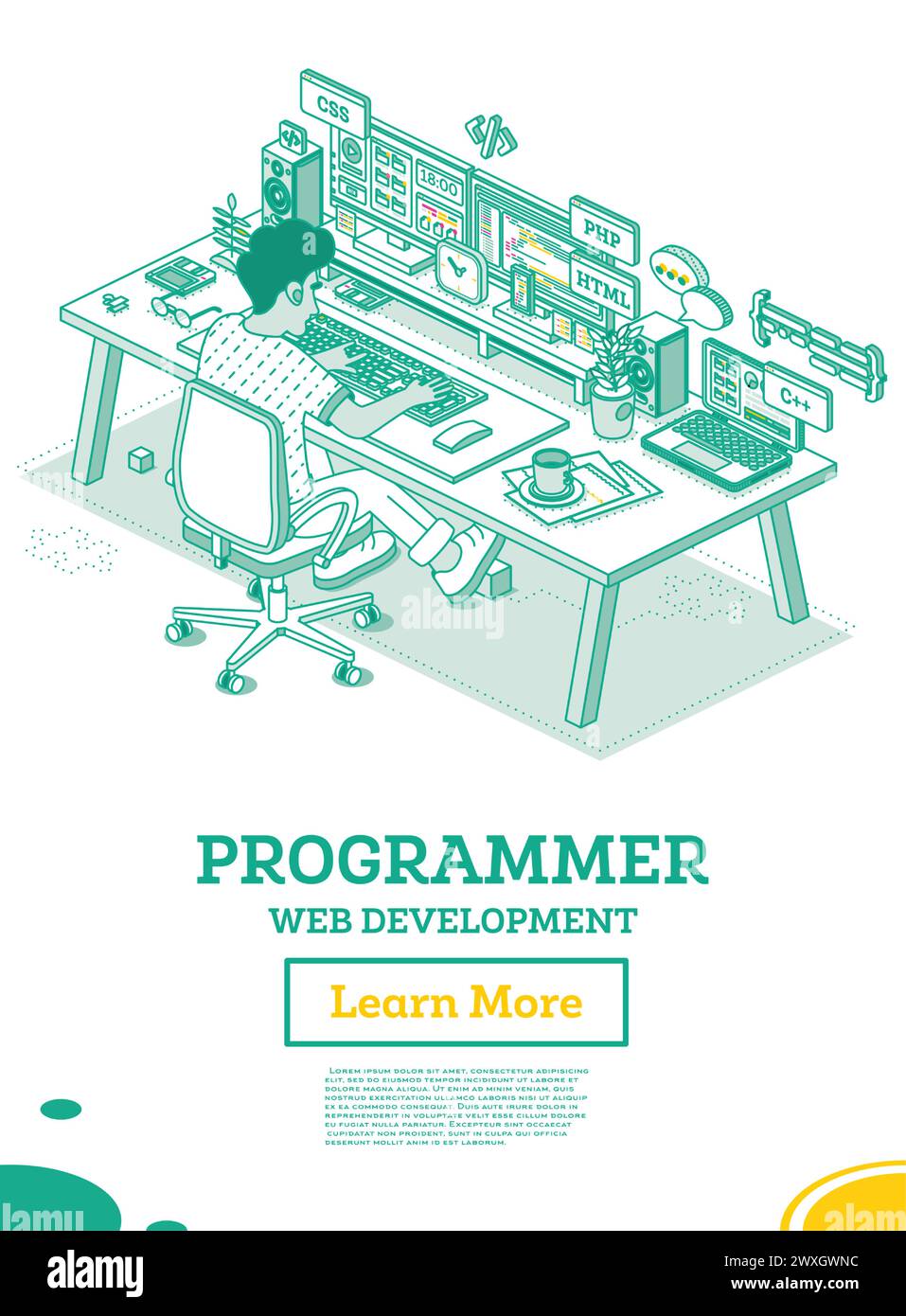 Programmatore. Sviluppatore front-end o backend seduto su sedia con ruote di fronte a due monitor con codice. Codice di programmazione HTML, CSS, PHP, C++. Creazione Illustrazione Vettoriale