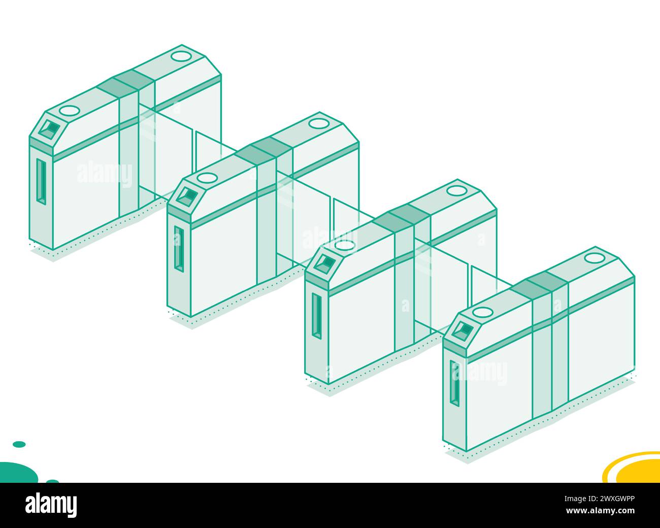 Quattro tornelli isometrici. Stazione della metropolitana o elemento di sicurezza dell'aeroporto. Cancelli d'ingresso. Illustrazione vettoriale. Apparecchiature di controllo dell'accesso. Illustrazione Vettoriale