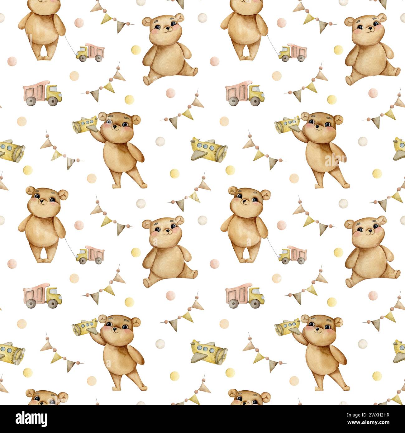 Motivo ad acquerello disegnato a mano con orsi bambini Foto Stock