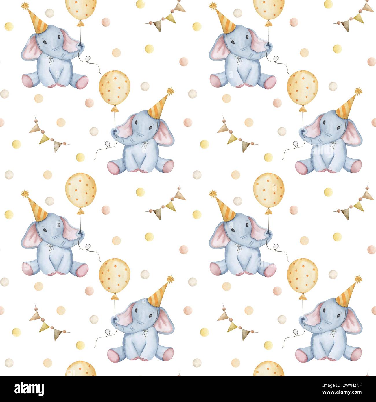 Motivo ad acquerello disegnato a mano con elefante per bambini in berretto con palloncino Foto Stock