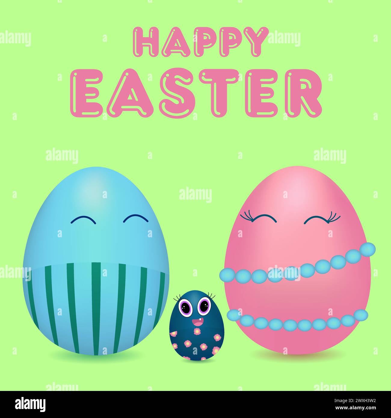 Una felice famiglia antropomorfa di uova di Pasqua colorate. Papa', mamma, piccola. Foto con il testo - buona Pasqua. Disegno a colori vettoriale Illustrazione Vettoriale