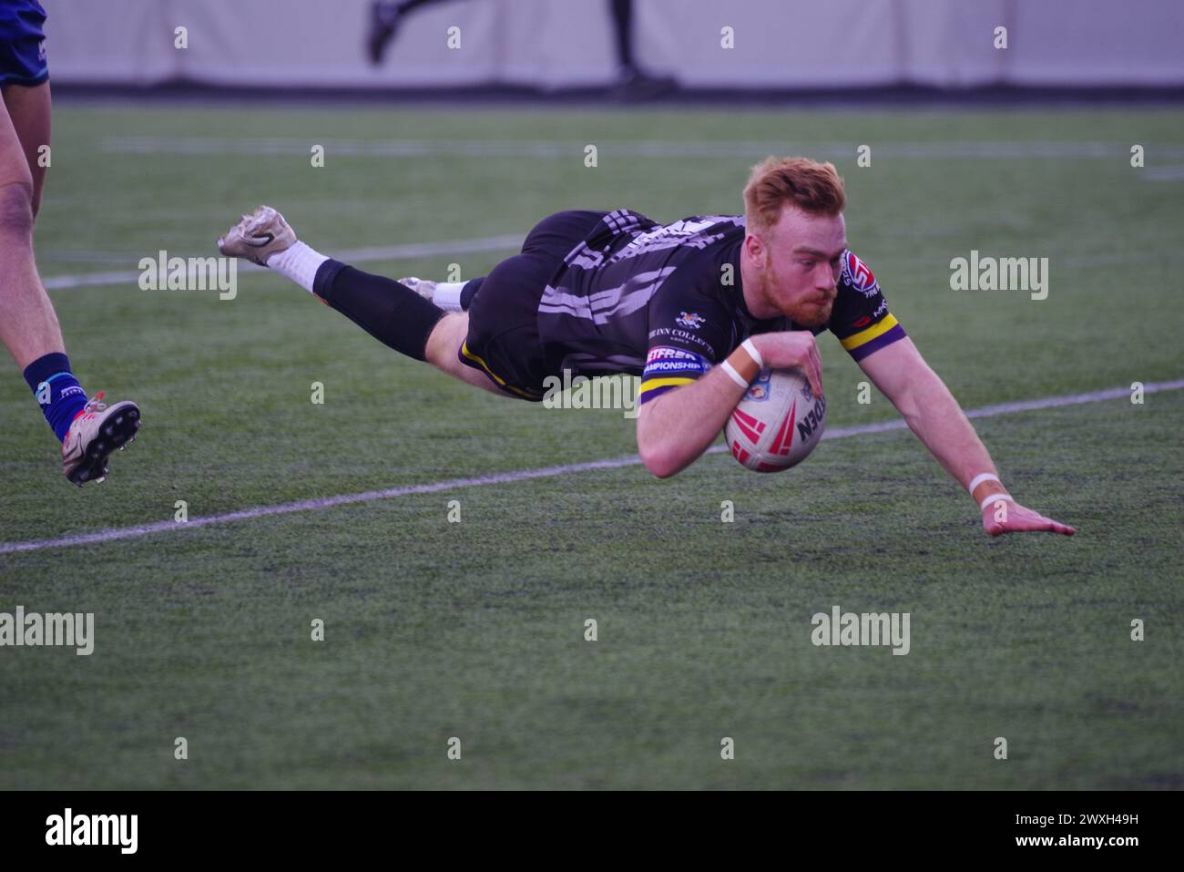 Newcastle upon Tyne, 30 marzo 2024. Alex Donaghy ha segnato una meta per il Newcastle Thunder durante la partita di League 1 contro il Workington Town a Kingston Park. Credito: Colin Edwards Foto Stock