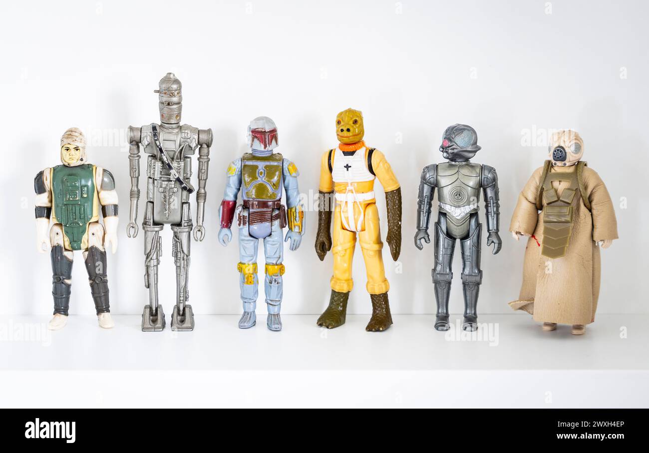 Mostra di personaggi d'azione vintage di Star Wars: I cacciatori di taglie dell'Impero colpiscono ancora Foto Stock