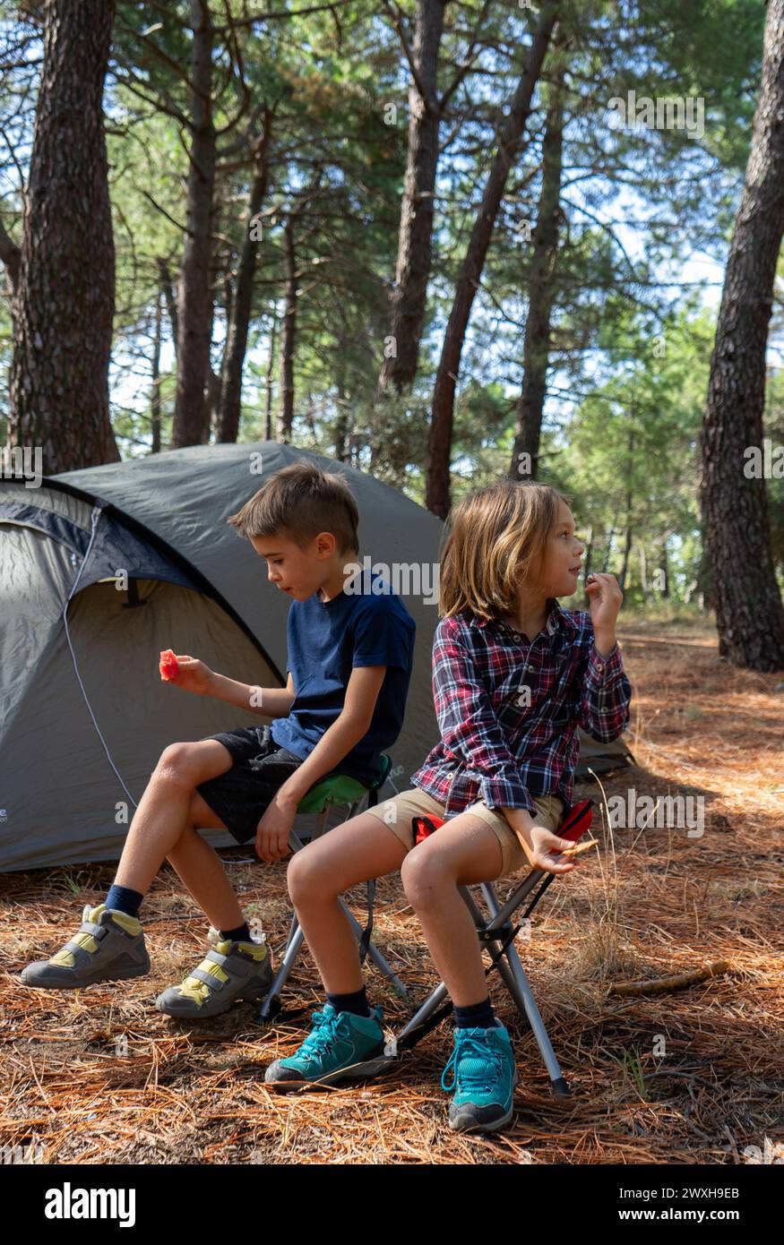 Due bambini in campeggio nel bosco seduti su una sedia a mangiare Foto Stock