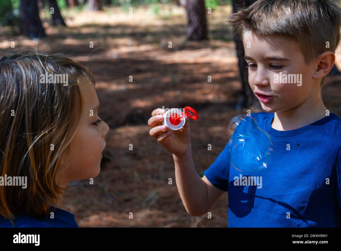 Due bambini nel bosco che giocano con le bolle di sapone Foto Stock