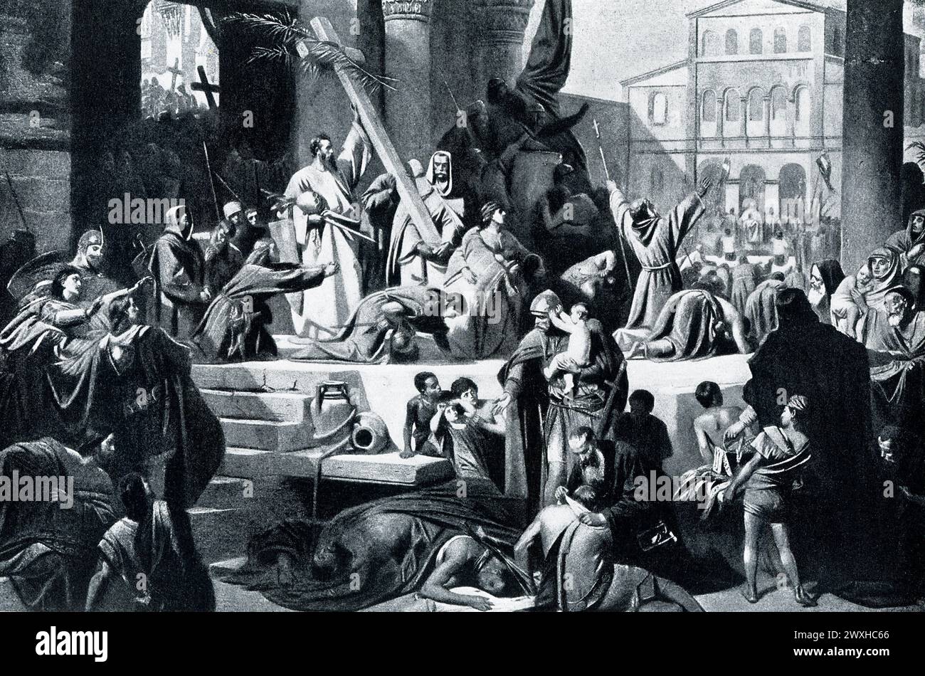 La didascalia dei primi anni '1900 recita: "Il SECONDO INGRESSO DI GOFFREDO A GERUSALEMME. — Un repulsione di vergogna arrivò su Goffredo e i suoi seguaci, nel mezzo del loro lavoro assassino nelle strade della Gerusalemme catturata [l'hanno catturata nel 1099]. Ricordavano la loro religione e si rendevano conto di come la stavano disonorando. Il massacro fu controllato, i capi si ritirarono dalla città e vi rientrarono come pellegrini, disarmati, scalzi e salmi cantanti." Foto Stock