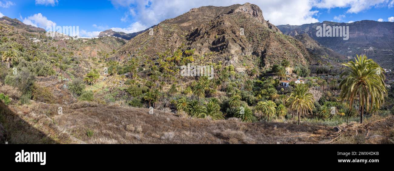 Immagine panoramica della valle tra San Bartolomé de Tirajana (Tunte) e Santa Lucia de Tirajana sull'isola di Gran Canaria, Spagna. Cucito e. Foto Stock