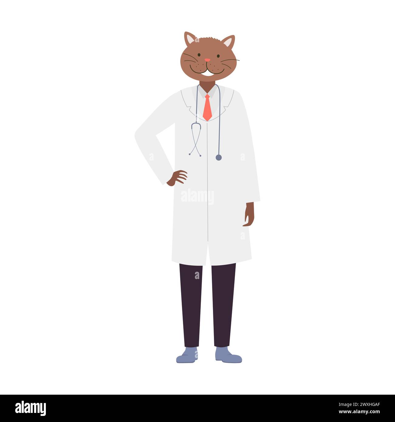 Gatto medico in piedi con mano sui fianchi. Operaio gatto ospedaliero in bianco cappotto illustrazione vettoriale cartone animato Illustrazione Vettoriale