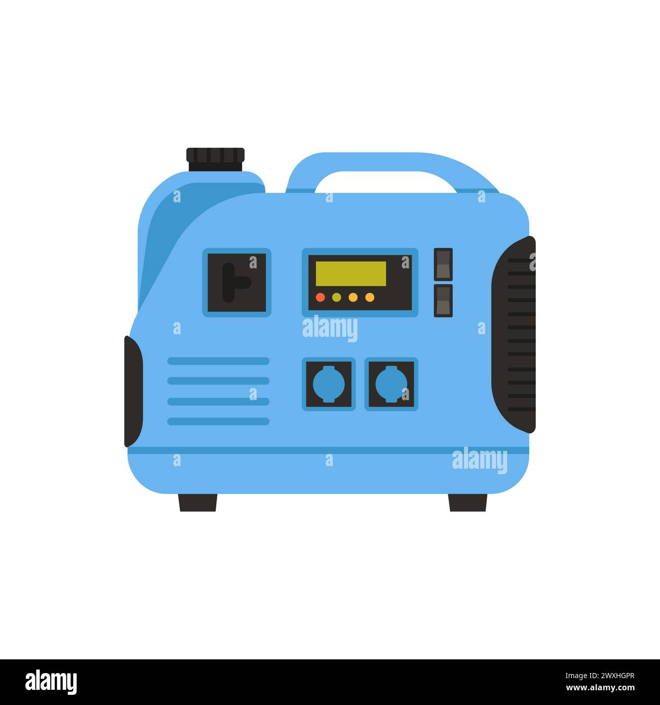 Tecnologia dei generatori elettrici. Generatore di benzina portatile, generatore di energia industriale illustrazione vettoriale cartoon Illustrazione Vettoriale