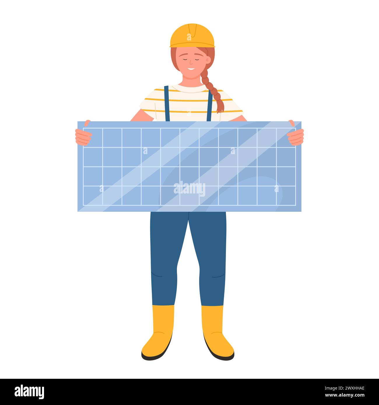 Elettricista donna con pannello solare. Servizio di riparazione elettricisti, illustrazione vettoriale piatto per operai industriali Illustrazione Vettoriale