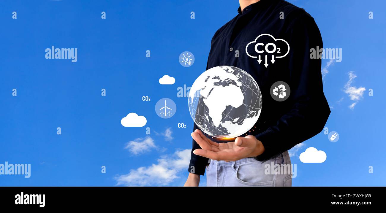 concetti di emissioni zero e zero emissioni nette. Ambiente naturale Una strategia a lungo termine climaticamente neutra obiettivi in materia di emissioni di gas a effetto serra. rete verde c Foto Stock