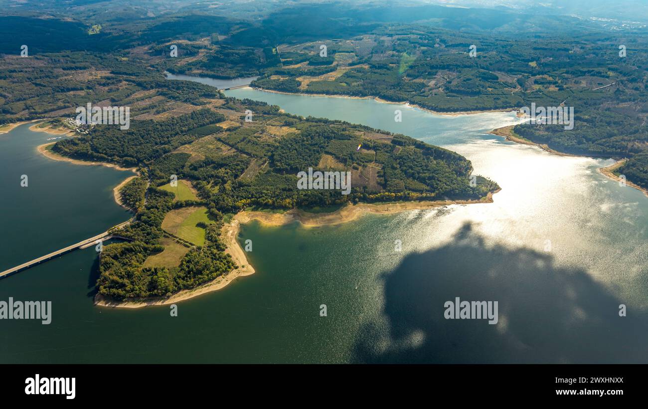 Luftbild Möhnesee Südufer mit Friedwald und Baumschäden, Friedhof, Dürre im Wald, Stausee, Borkenkäferbefall, Baumbestattung, Möhnesee, Nordrhein-Westfalen, Deutschland, ACHTUNGxMINDESTHONORARx60xEURO *** Vista aerea della riva sud Möhnesee con danni alla foresta e agli alberi cimiteriali, cimitero, siccità nella foresta, bacino idrico, infestazione da scarabeo della corteccia, sepoltura di alberi, Möhnesee, Renania settentrionale-Vestfalia, Germania, ATTENTIONxMINDESTHONORARx60xEURO Foto Stock