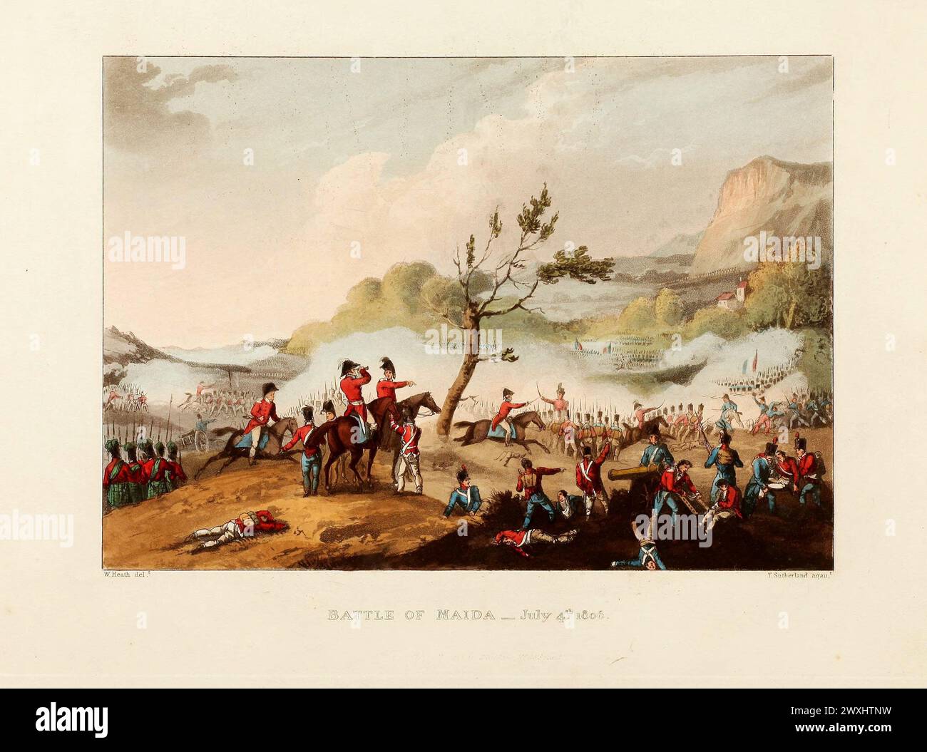 Battaglia di Maida, 4 luglio 1806. Vintage Coloured Aquatint, pubblicato da James Jenkins, 1815, From the Martial Achievements of Great Britain and Her Allies : From 1799 to 1815. Foto Stock