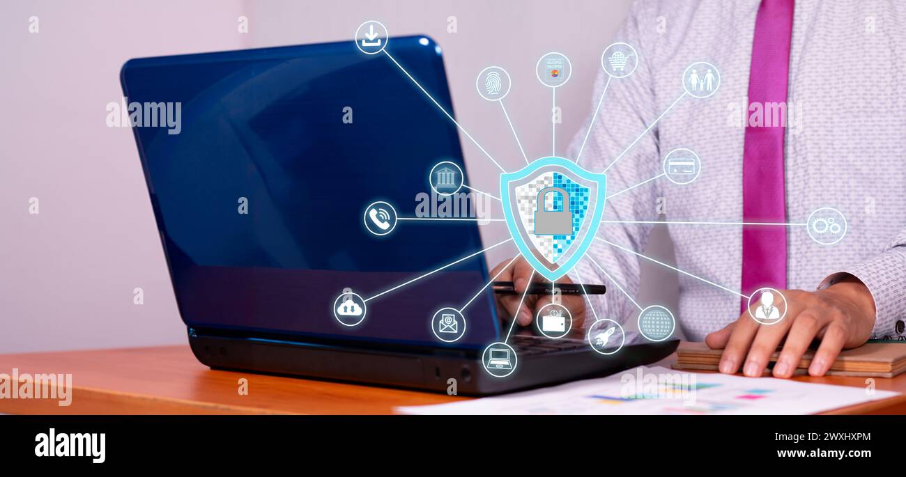 Sicurezza informatica aziendale protezione dei dati e riservatezza delle informazioni. concetto: tecnologia antivirus Foto Stock