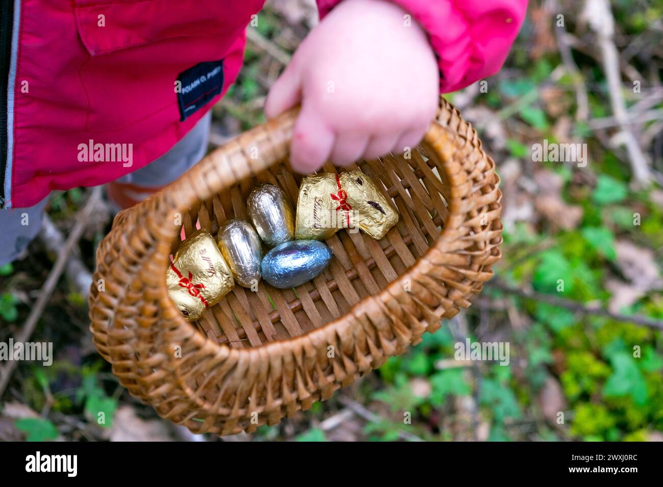 Caccia all'uovo di Pasqua bambini con cesto di uova di Pasqua al Carmarthenshire Galles March Garden 2024 Regno Unito Gran Bretagna KATHY DEWITT Foto Stock