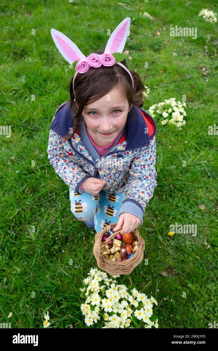 Caccia all'uovo di Pasqua ragazza sorridente bambino 6 7 anni che indossa orecchie di coniglio con cesto di uova di cioccolato nel giardino di marzo del Galles 2024 Regno Unito Gran Bretagna KATHY DEWITT Foto Stock