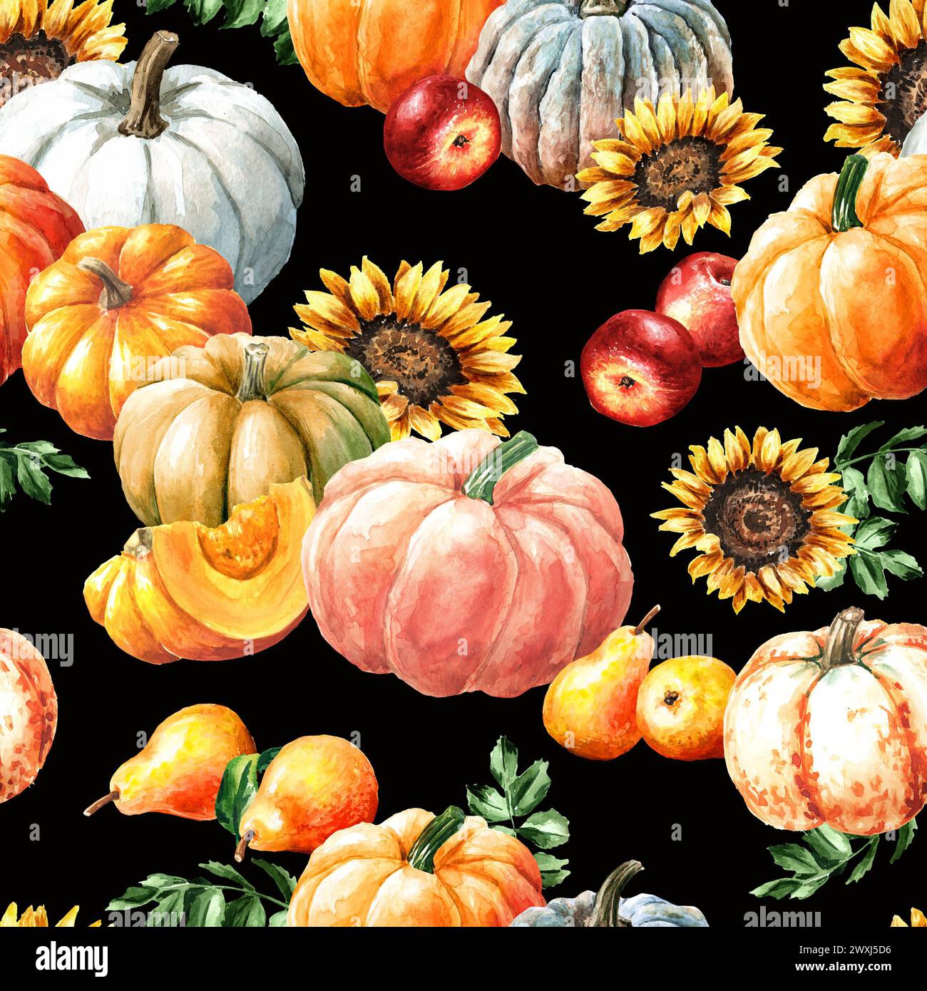 Raccolta della zucca autunnale, disegno ad acquerello senza cuciture Foto Stock