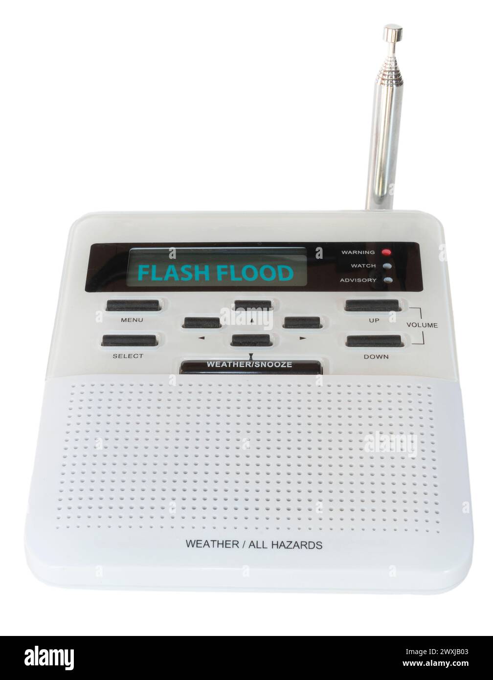 Radio di emergenza e meteorologica che ha emesso un allarme acustico e mostra un avviso di alluvione lampeggiante emesso dal governo della regione. Foto Stock