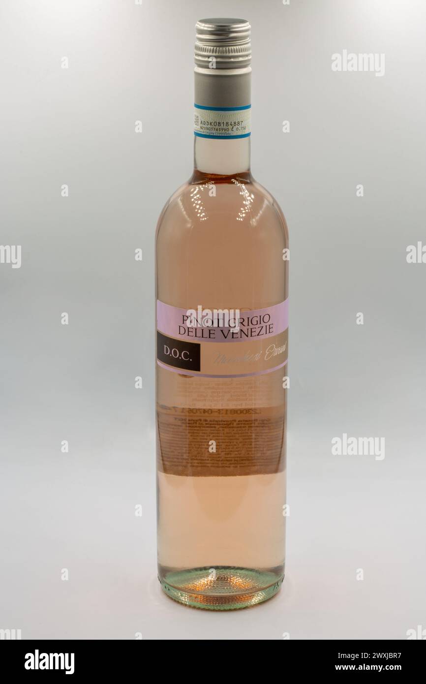 Kiev, Ucraina - 15 marzo 2023: Studio fotografico di Pinot Grigio Marchesi Ervani rosa italiana primo piano di bottiglia di vino secco su sfondo bianco. Foto Stock