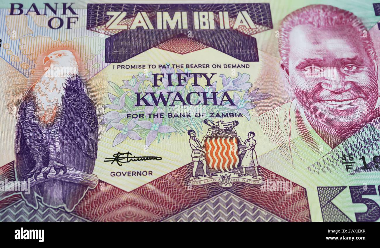 Banconota Zambia da 5 Kwacha con aquila ed ex presidente Kenneth Kaunda (focalizzazione sul centro) Foto Stock