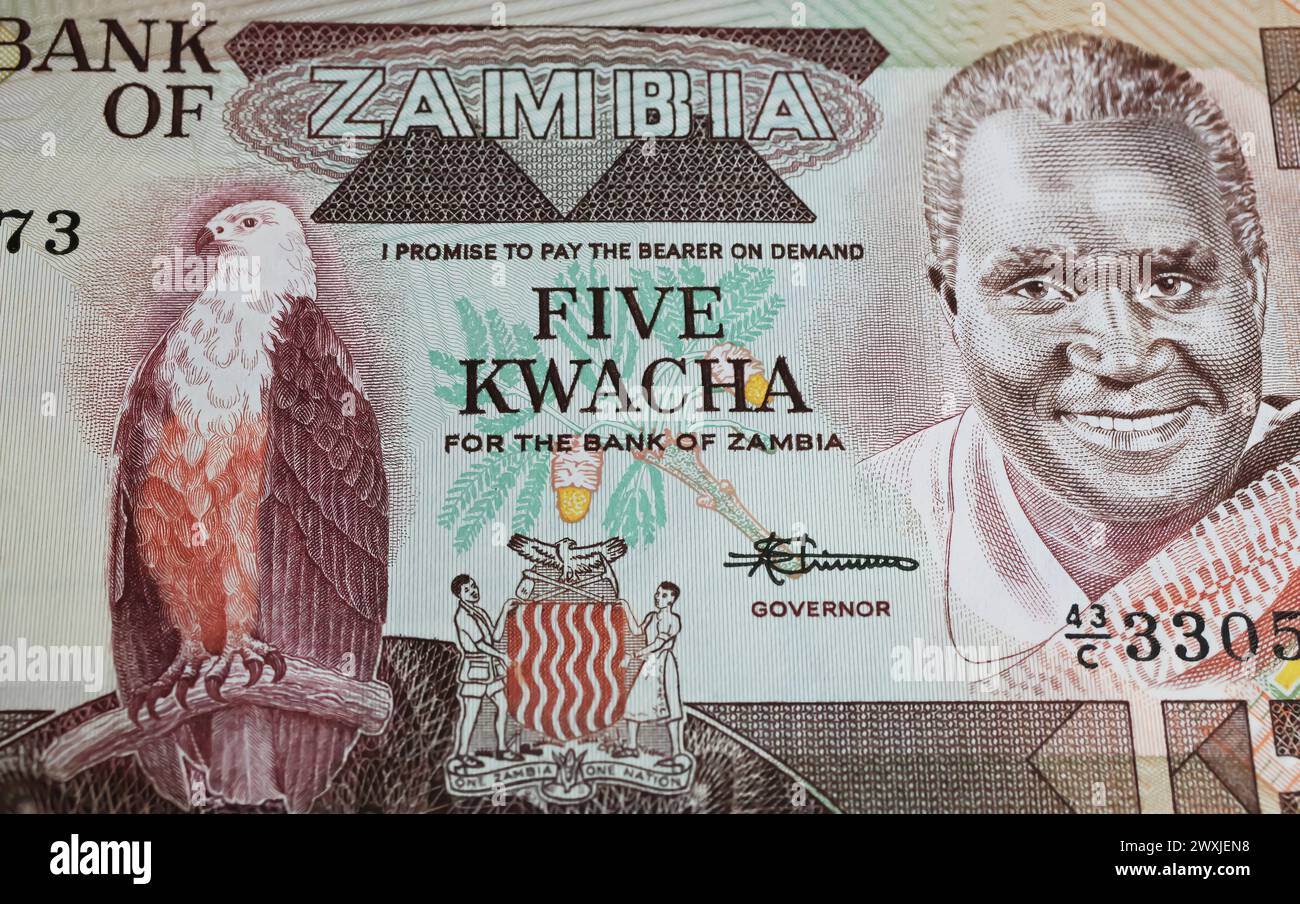 Banconota Zambia da 5 Kwacha con aquila ed ex presidente Kenneth Kaunda (focalizzazione sul centro) Foto Stock