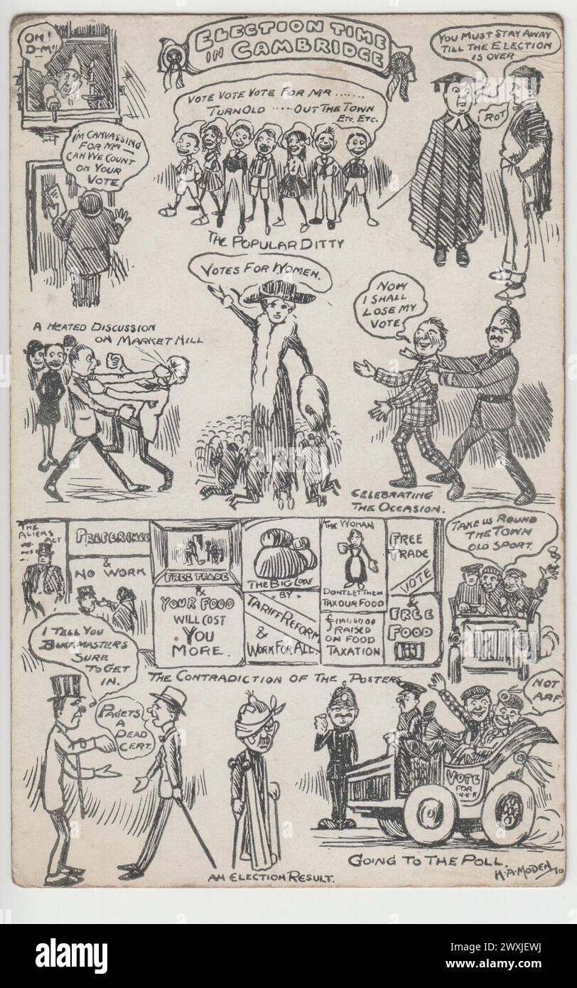"Tempo delle elezioni a Cambridge", 1910: Serie di cartoni animati di scene elettorali durante le elezioni generali del 1910 a Cambridge, tra cui "un'accesa discussione su Market Hill" (una lotta), una suffragetta che dichiara "voti per le donne", manifesti di libero scambio e riforma tariffaria sui prezzi dei prodotti alimentari, le prime automobili, gli studenti, la tesa e un arresto. I cartoni sono stati venduti come cartolina. Foto Stock
