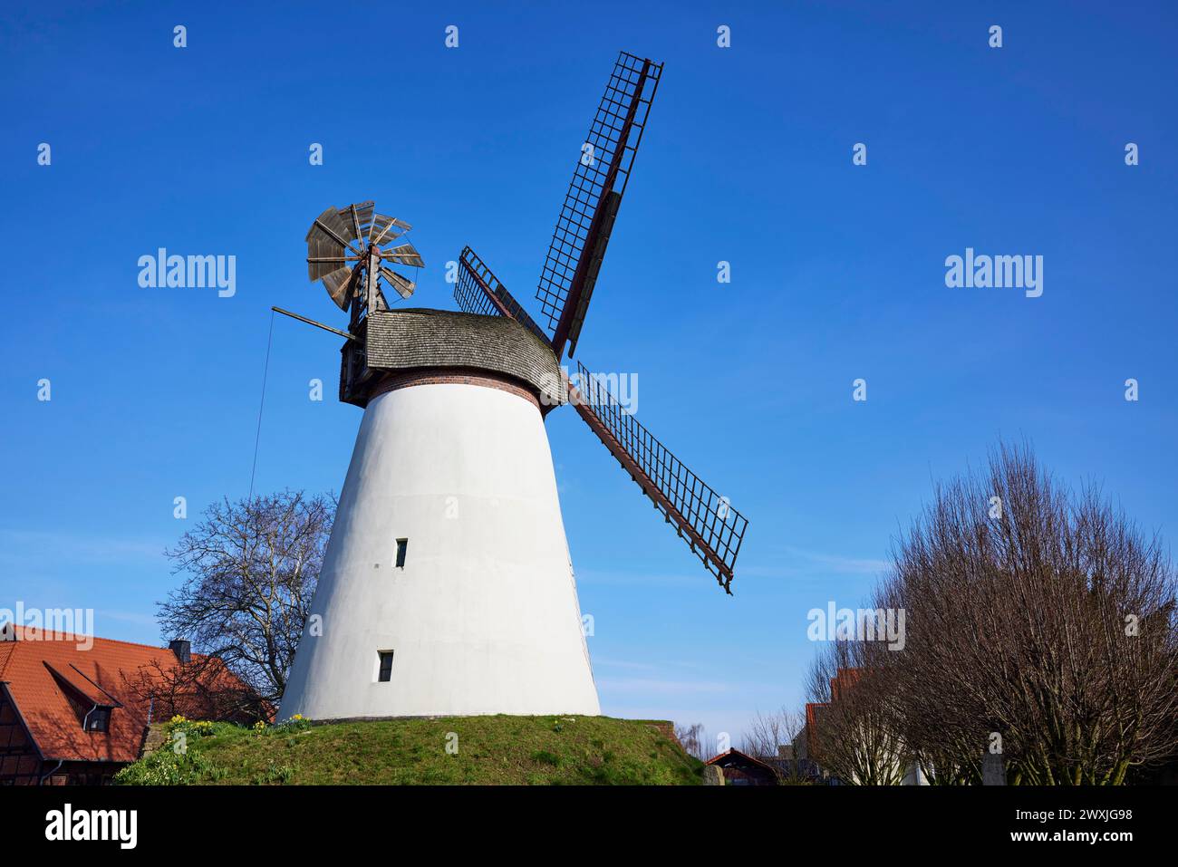 Il mulino a vento Hummelbecker Muehle contro un cielo azzurro senza nuvole, un Wall-Hollaender, fa parte della Westphalian Mill Road a Duetzen, Minden, Muehlenkreis Foto Stock