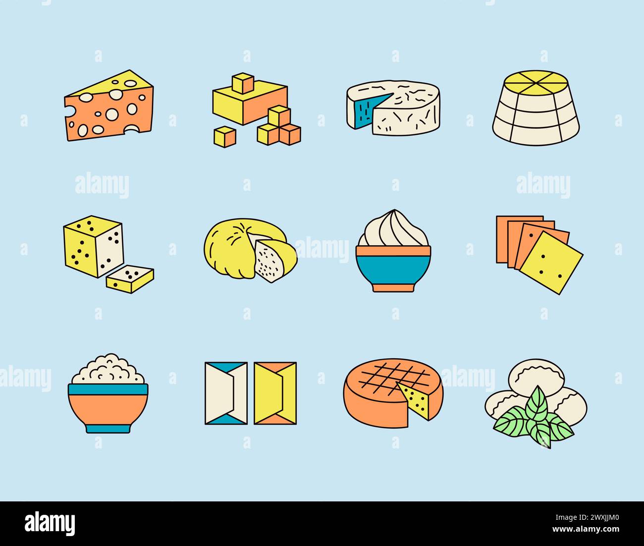 Set di icone del formaggio vettoriale. Cartello prodotti lattiero-caseari. Simbolo grafico per la progettazione di siti Web e app per cucinare, logo, app, interfaccia utente Illustrazione Vettoriale