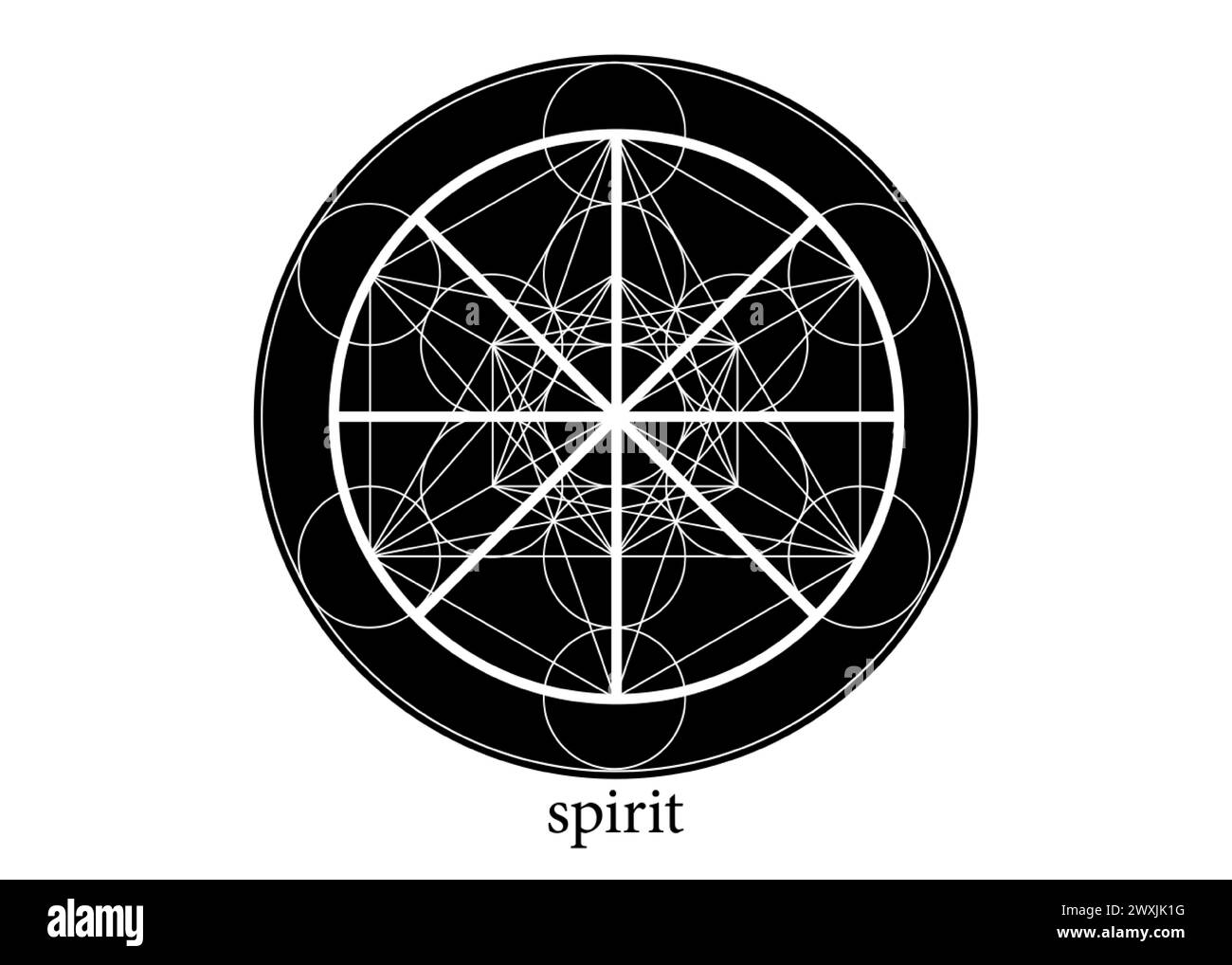 Simbolo dello spirito icona dell'alchimia wicca, geometria Sacra, logo magico del segno spirituale. Sfondo bianco isolato mandala vettoriale bianco e nero Illustrazione Vettoriale