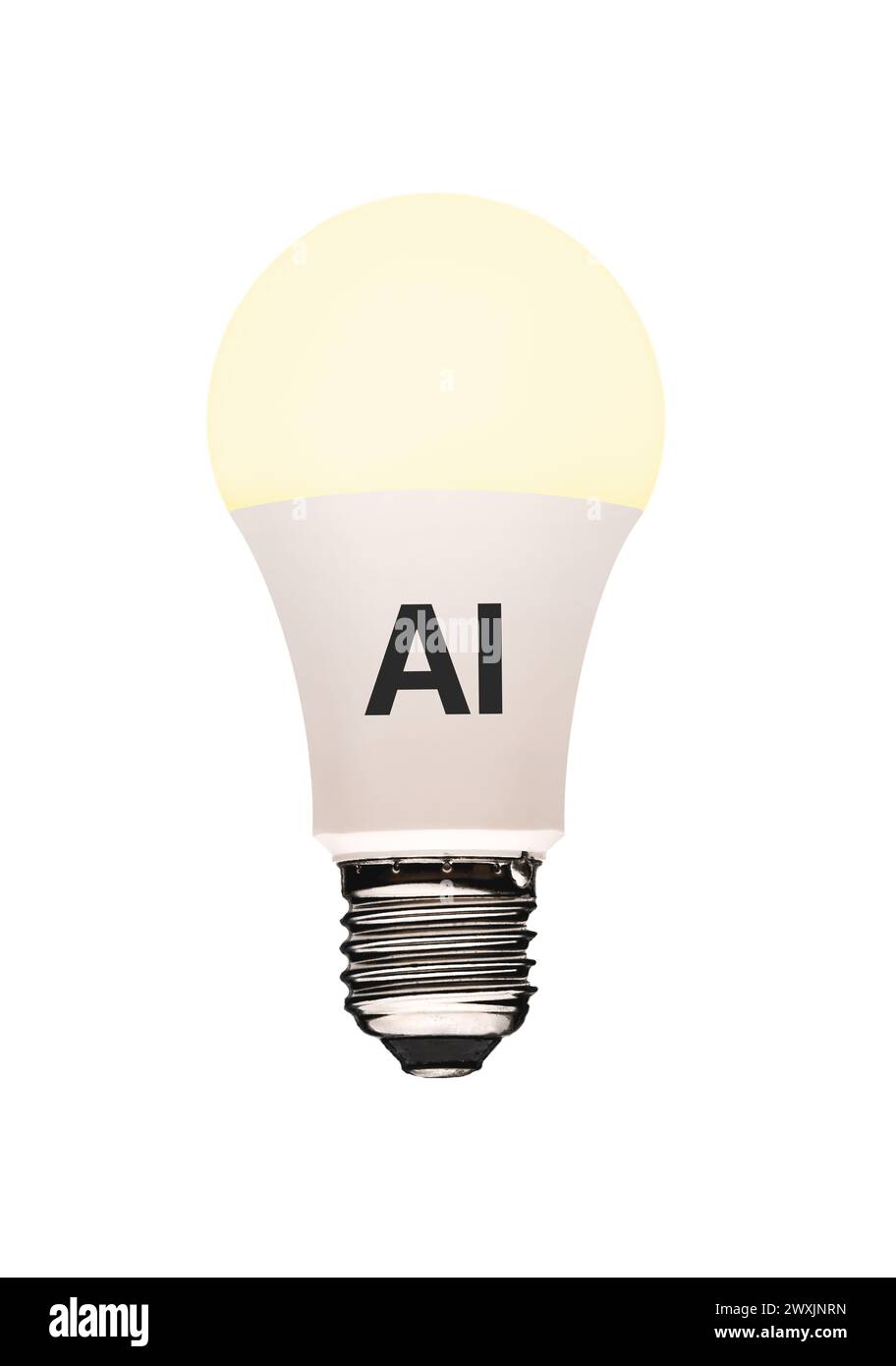 Lampadina con IA visualizzata, che indica capacità di intelligenza artificiale Foto Stock