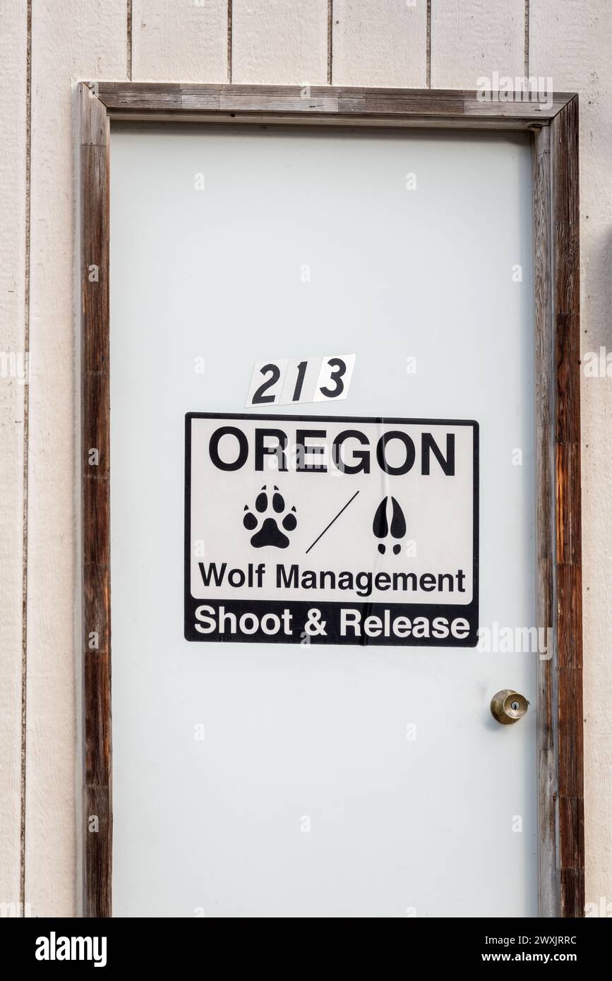 Cartello anti lupo, Imnaha, Oregon. Foto Stock
