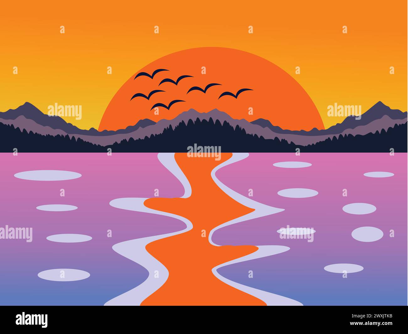 Tramonto sul lago con montagne e uccelli. Illustrazione vettoriale. Illustrazione Vettoriale