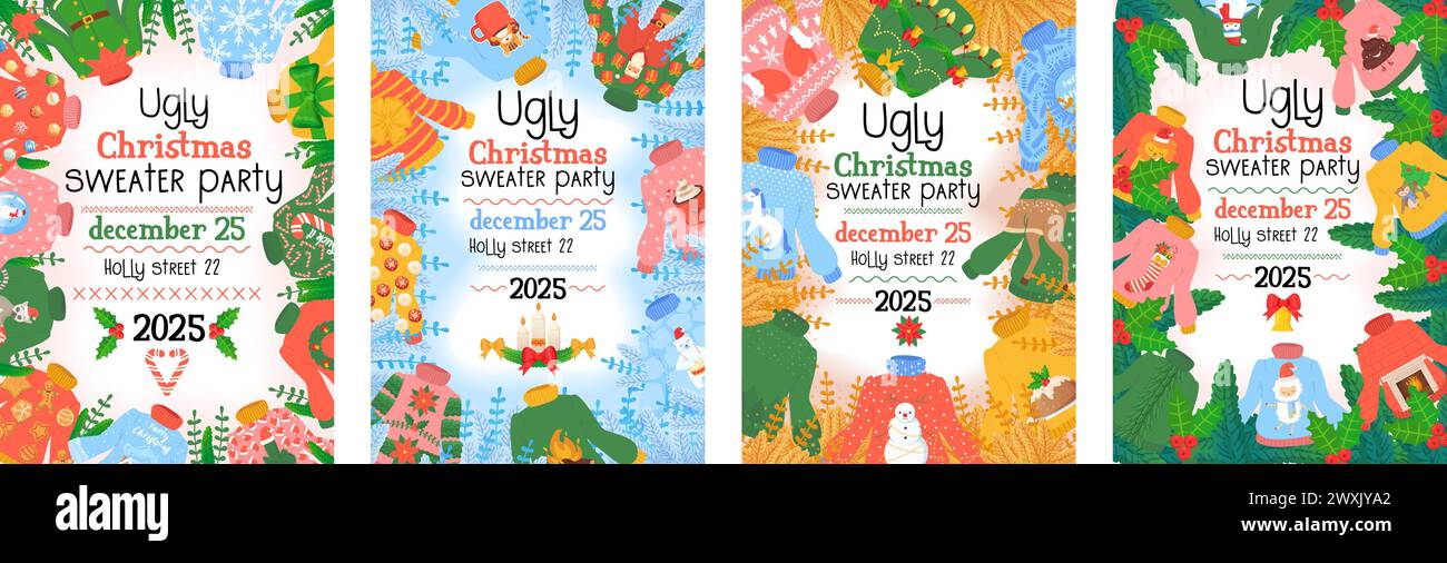 Set di brutto invito per la festa con maglione. Maglioni invernali di Natale dal design divertente, atmosfera fai da te. Illustrazione Vettoriale