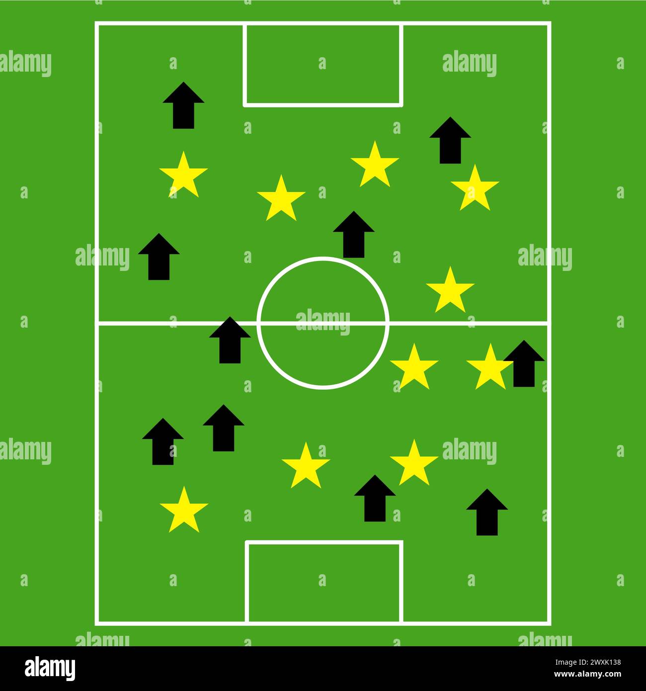 Tabellone tattico di calcio disegnato con frecce e stelle , vettore di tabellone strategico di calcio/calcio di colore verde Illustrazione Vettoriale
