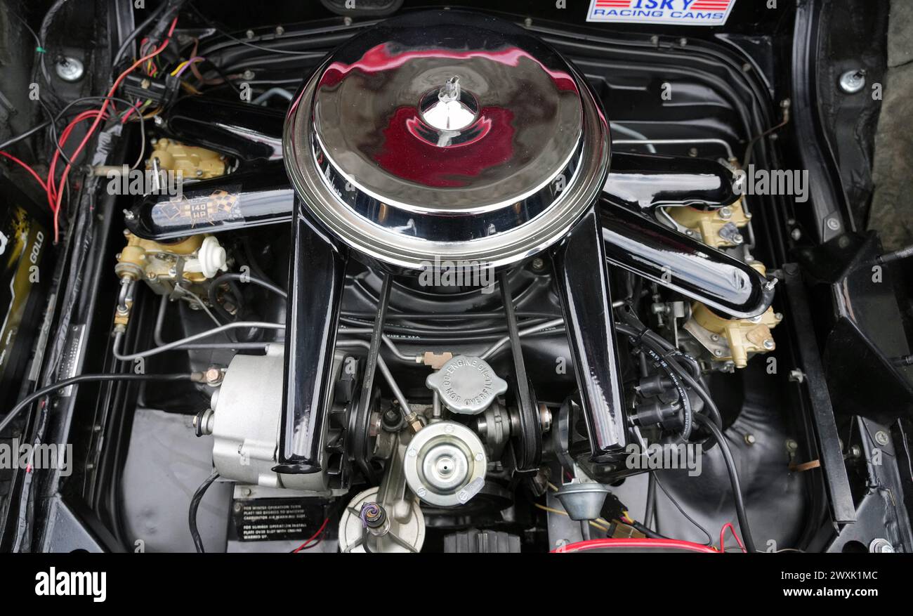 Stati Uniti. 4 aprile 2024. Il motore di una Chevrolet Corvair del 1966 è altamente lucidato per il Concours d'Elegance Horseless Carriage Club Annual Easter Day Car Show a Forest Park domenica a St. Louis il 31 marzo 2024. Foto di Bill Greenblatt/UPI credito: UPI/Alamy Live News Foto Stock