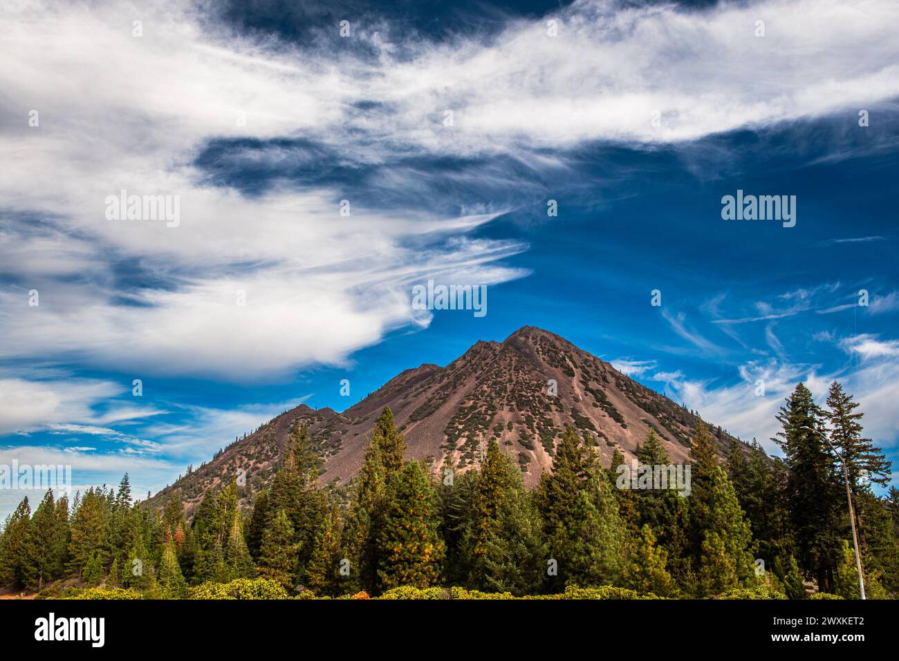 Monte Shastina in un giorno parzialmente nuvoloso e cielo blu, visto da vicino, con alberi di conifere alla base e un ampio spazio di copia del cielo blu Foto Stock