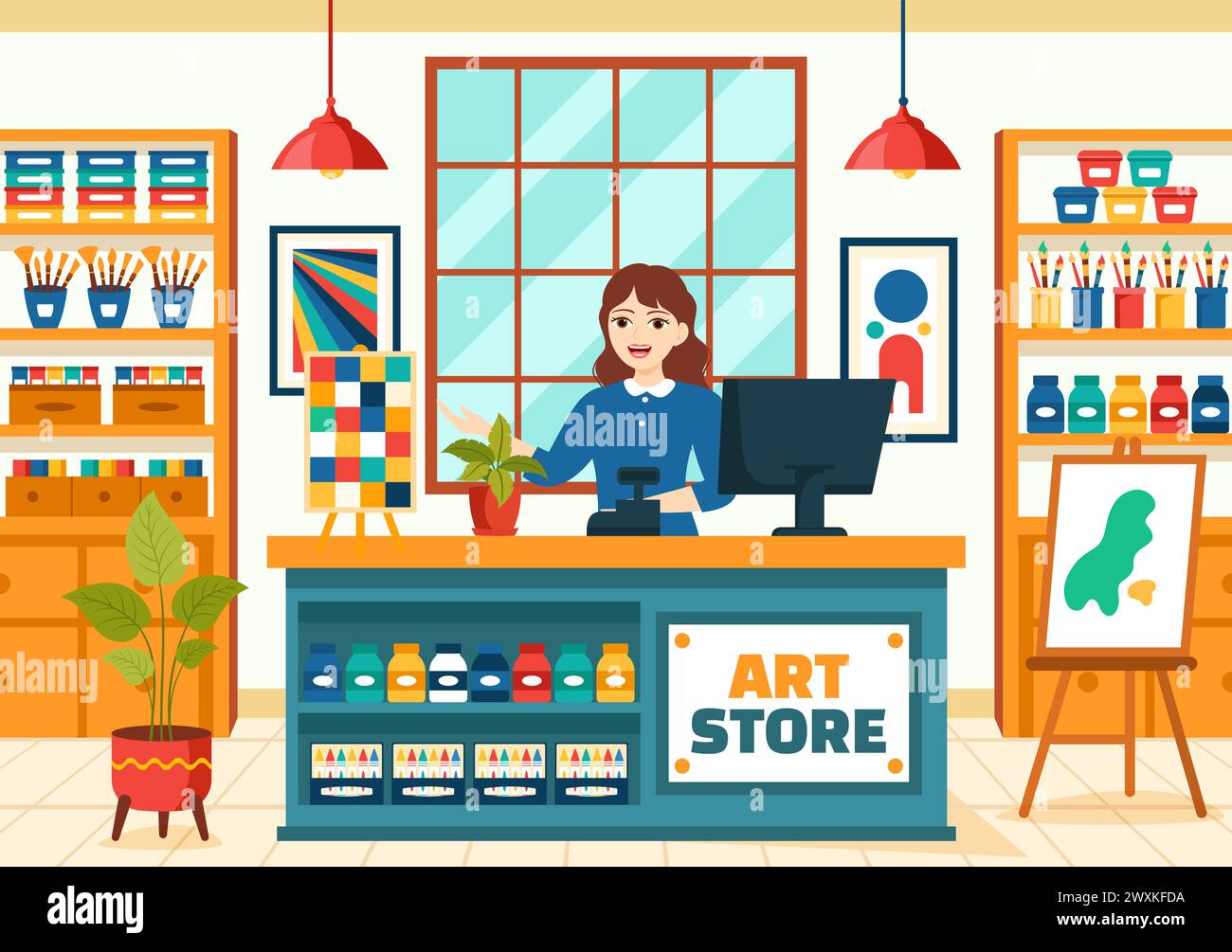 Illustrazione vettoriale Art Store con forniture per la pittura negozio accessori e strumenti per disegno, artisti e designer su sfondo di cartone animato piatto Illustrazione Vettoriale