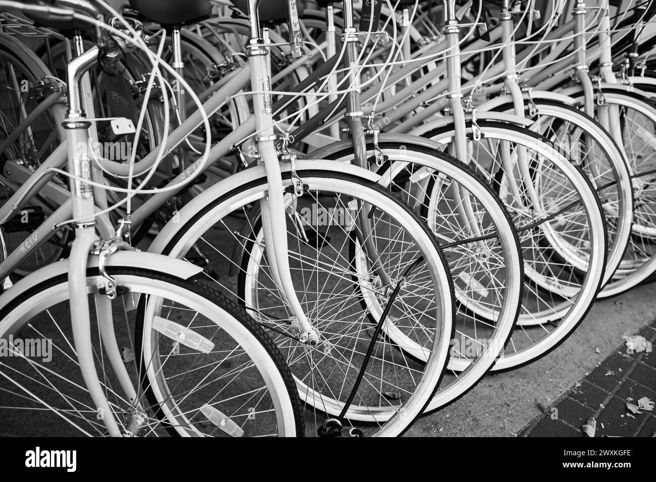 Fila di biciclette disponibili per la vendita o il noleggio. Parcheggio per biciclette. Biciclette colorate nel parcheggio, noleggio biciclette. Vancouver Canada - 14 ottobre 2023 - foto di strada Foto Stock