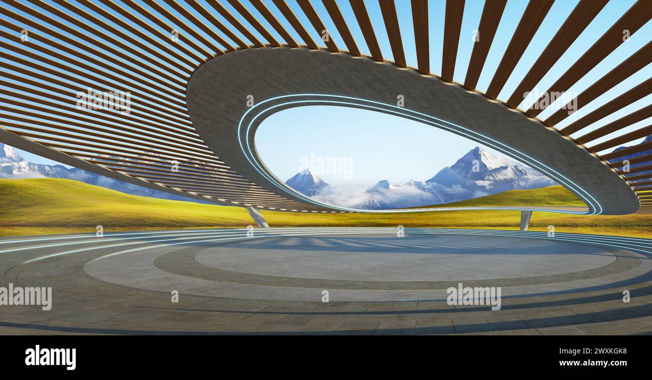 Pavimento curvo con montagne che conducono lo sguardo verso le vette torreggianti che dominano l'orizzonte. Rendering 3D. Foto Stock