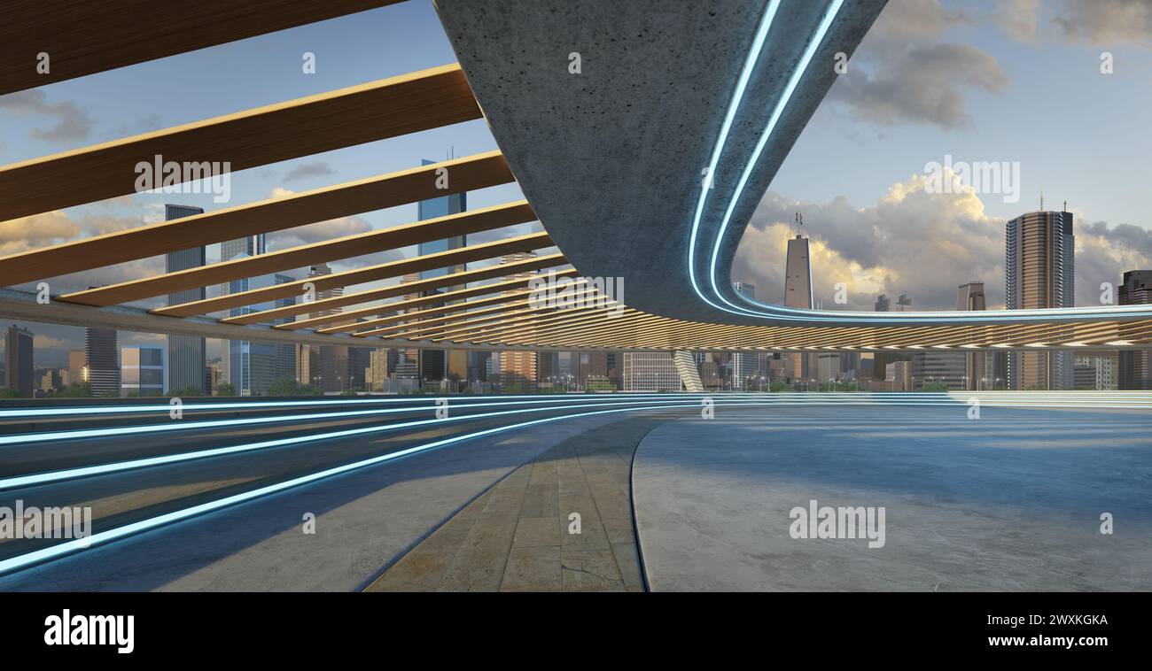 L'edificio presenta un'architettura unica e superfici riflettenti che catturano la luce. Il design generale e' suggestivo e contemporaneo, con un arredo pulito Foto Stock