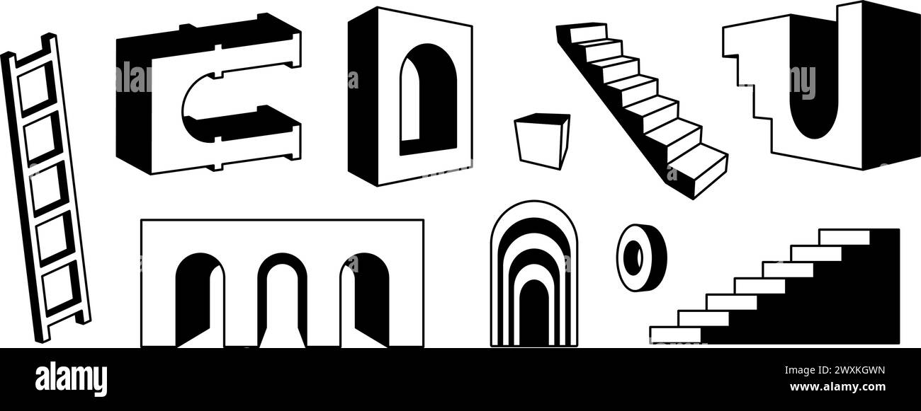 Collezione di scale e archi in prospettiva. Delineare insieme di elementi geometrici surreali. Audace porta ad arco 3d, scala, scala, fascio di cancelli. Forme trippy per collage, poster, striscioni, adesivi. Vettore Illustrazione Vettoriale